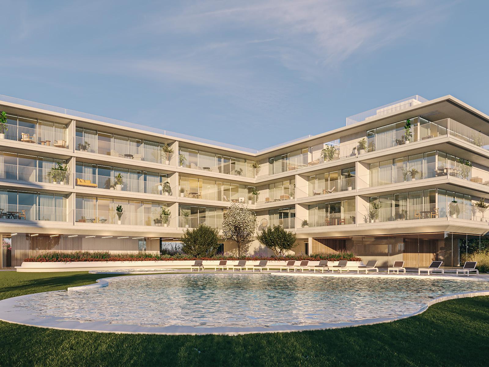 2 bedroom apartment with balcony and parking space inserted in new private condominium in Vilamoura
